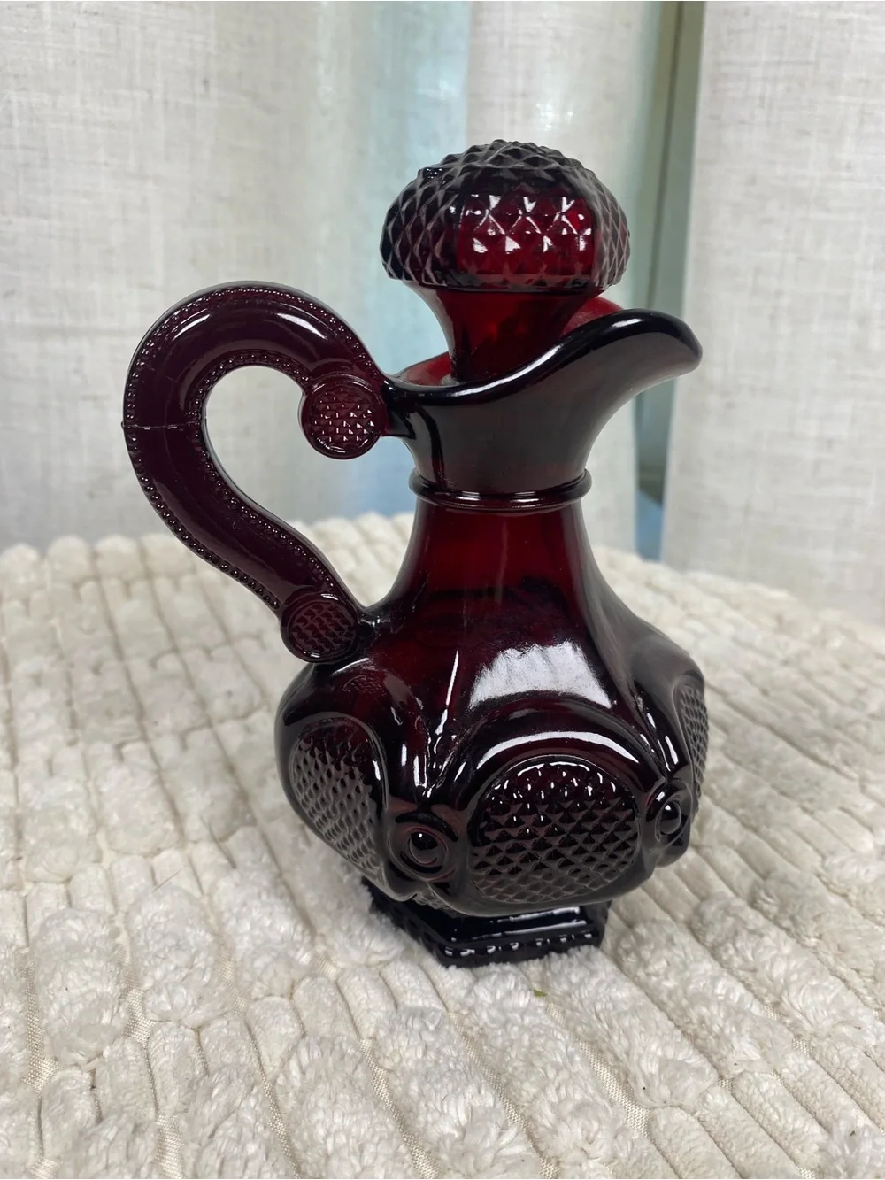 Vintage Avon 1876 Cape Cod Ruby Red Glass Cruet Decanter - Full w/ Original Oil